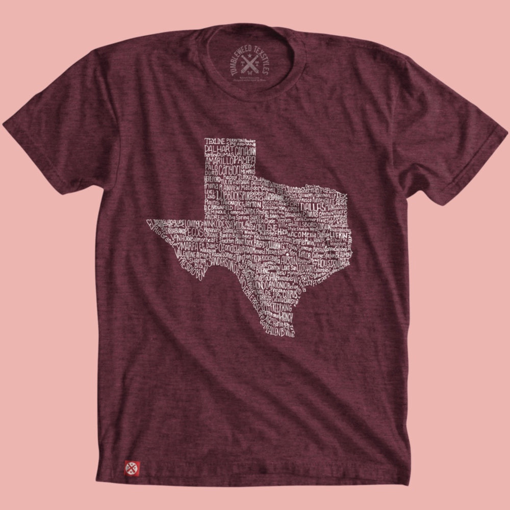 
            
                Load image into Gallery viewer, Maroon Texas Towns T-Shirt
            
        