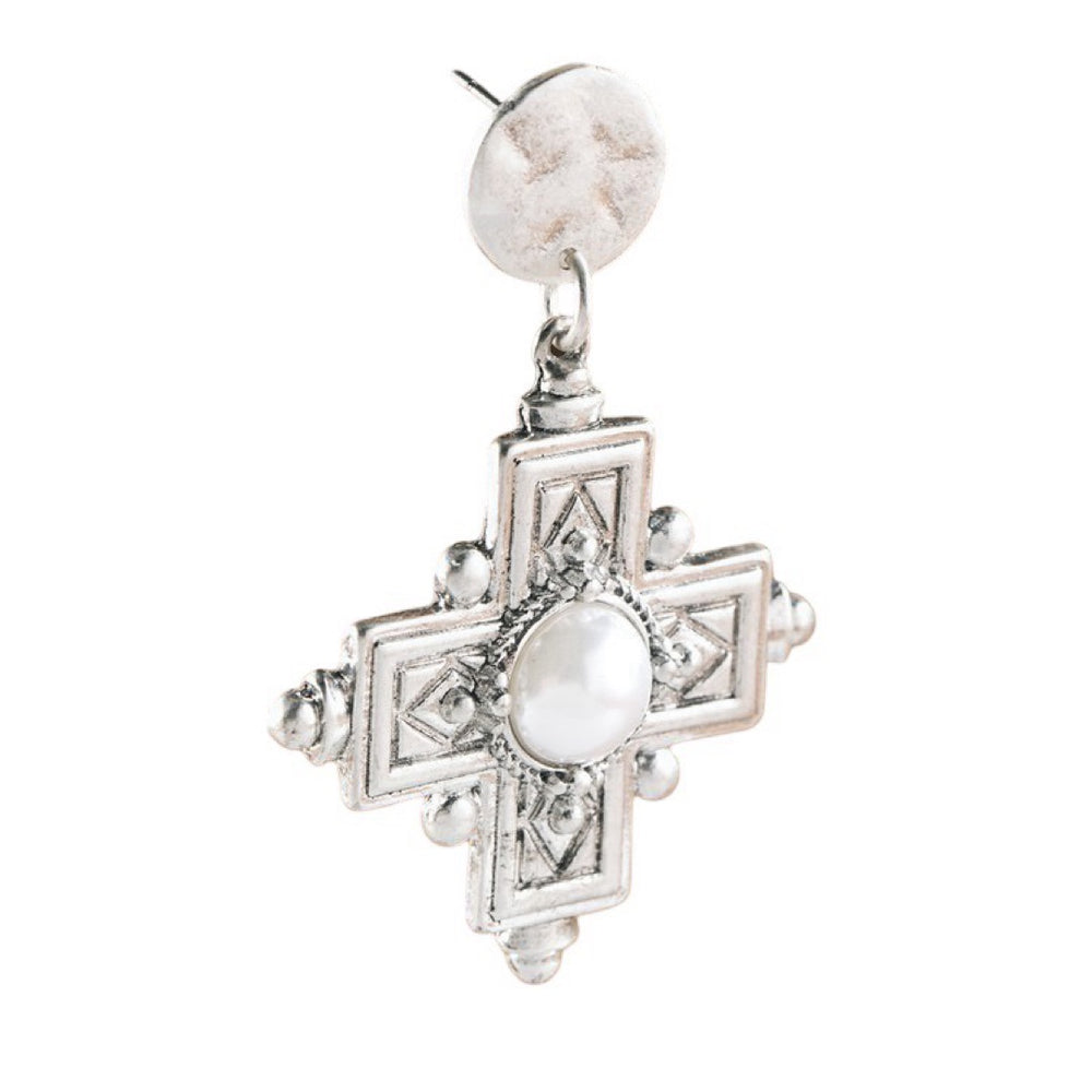 The Faye Metal and Pearl Cross Drop Earrings