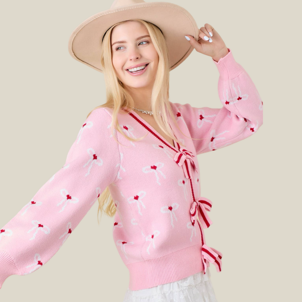 Pink Cardigan With Ribbon Bows