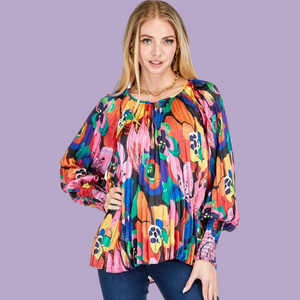 Blooming Art Pleated Bishop Sleeve Top