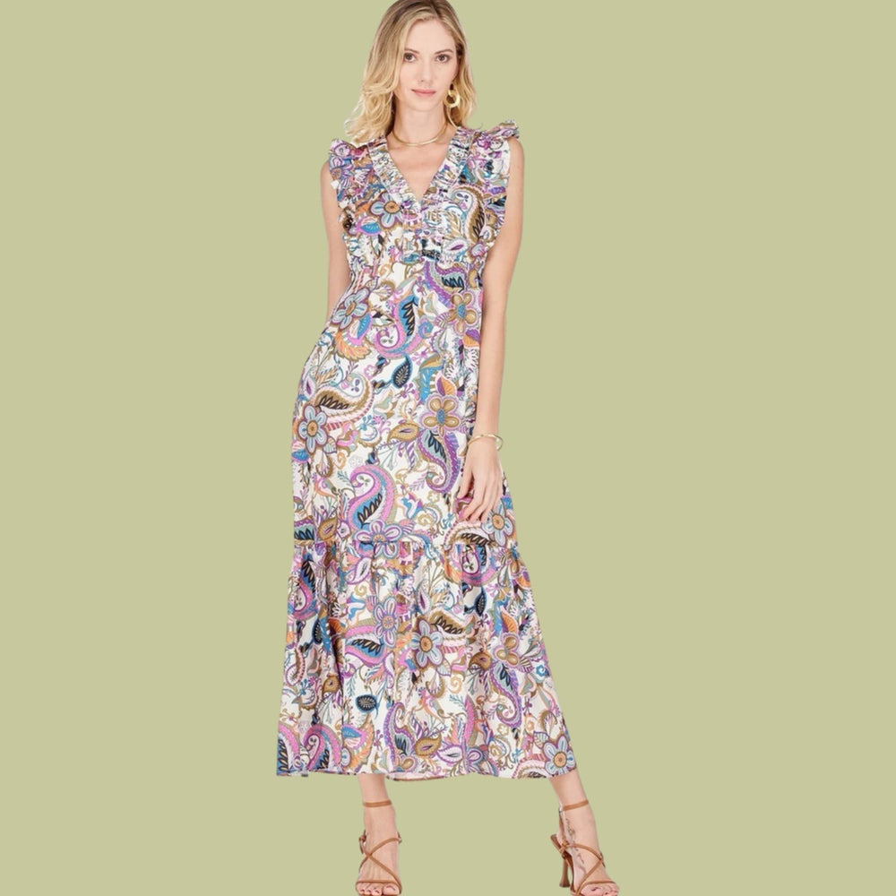 Paisley Floral Ruched V-Neck Maxi Dress