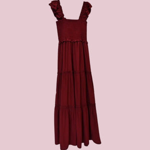 
            
                Load image into Gallery viewer, Maroon Napkin Smocked Maxi Dress
            
        