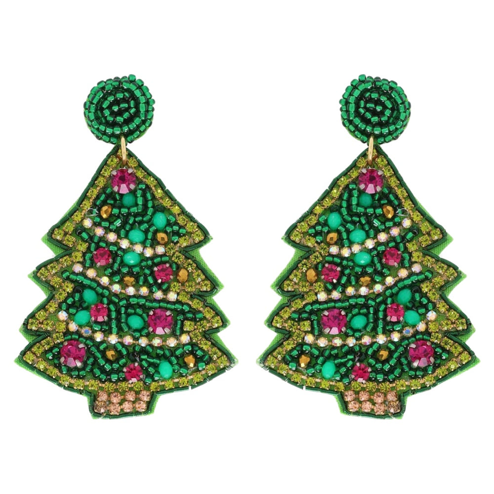 Jeweled Beaded Embroidery Christmas Tree Earrings
