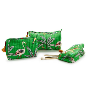 Happy Tropical Island Motif Hand Block Printed Cotton Quilted Cosmetic and Accessory Bag