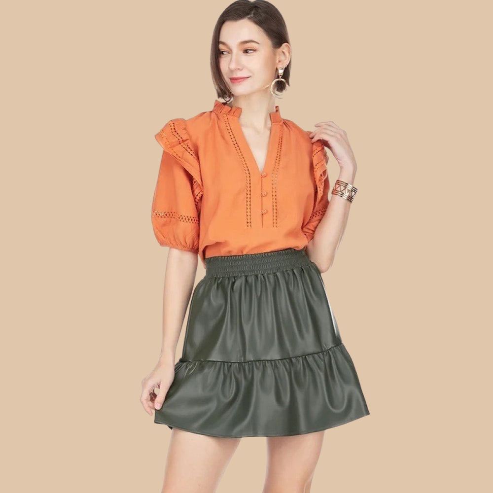 
            
                Load image into Gallery viewer, Burnt orange Lace Trim Ruffles Top
            
        