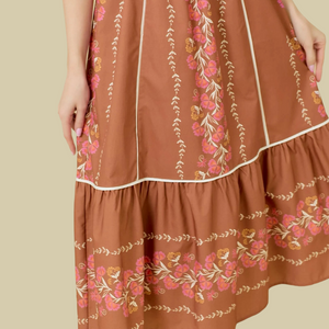 Brown Midi Dress With Contrasting Border Floral Print