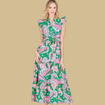 Spring Paisley Trim Tiered Maxi Dress