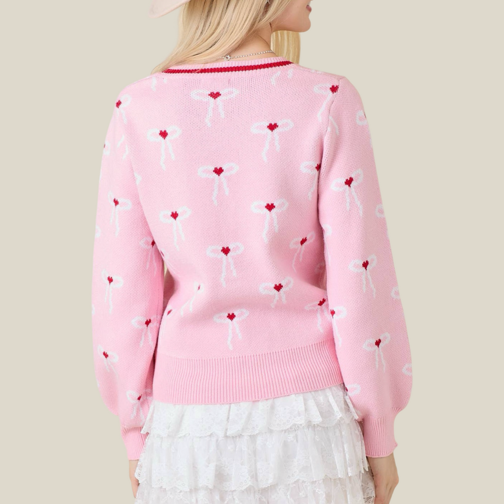 Pink Cardigan With Ribbon Bows