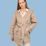 Taupe Whipstitched Wrap Coat