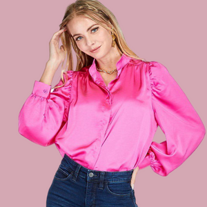 Fuchsia Puff Sleeve  Satin Blouse