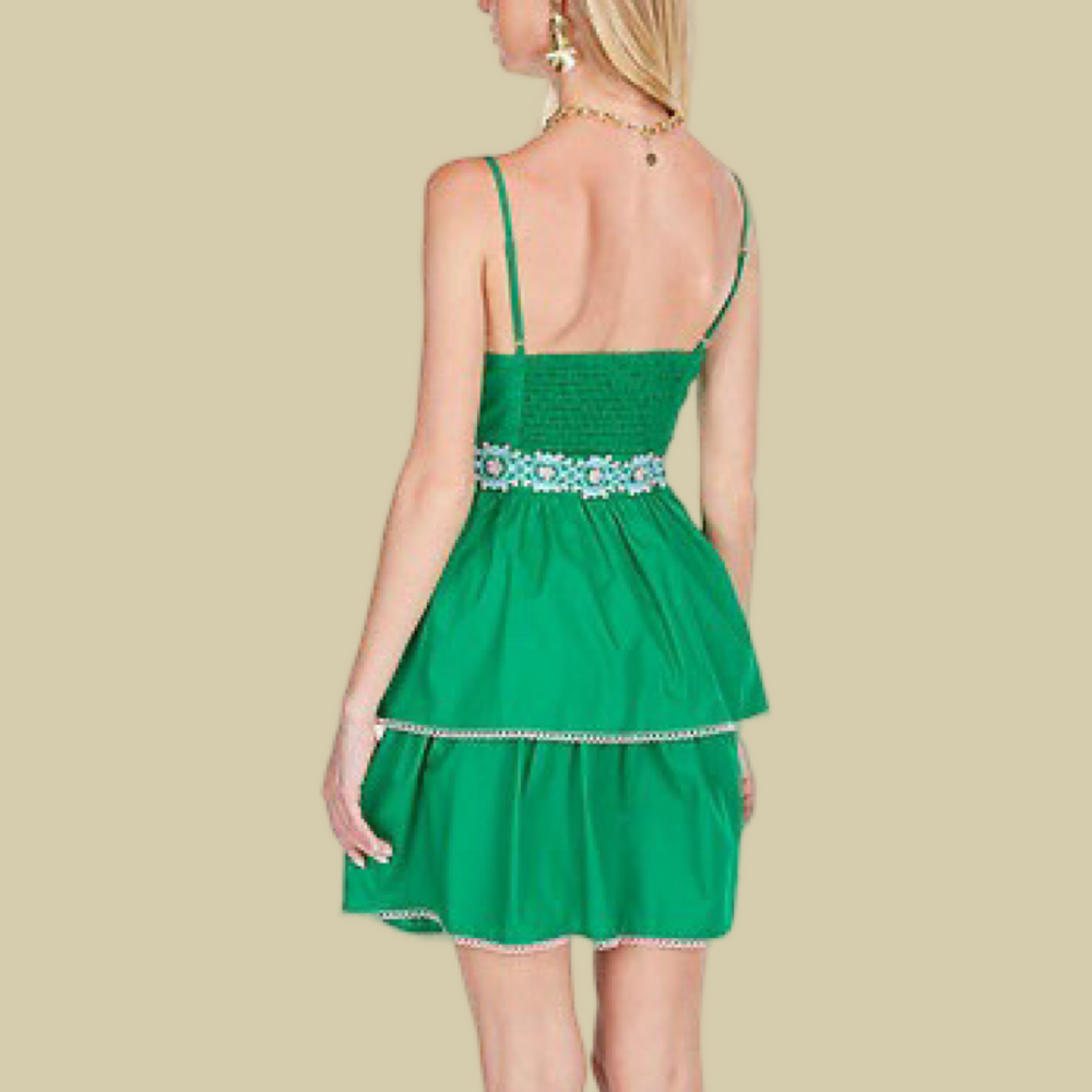 Green Floral Trim Layer Dress