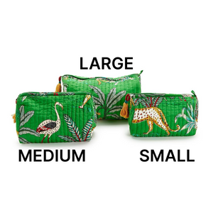 Happy Tropical Island Motif Hand Block Printed Cotton Quilted Cosmetic and Accessory Bag