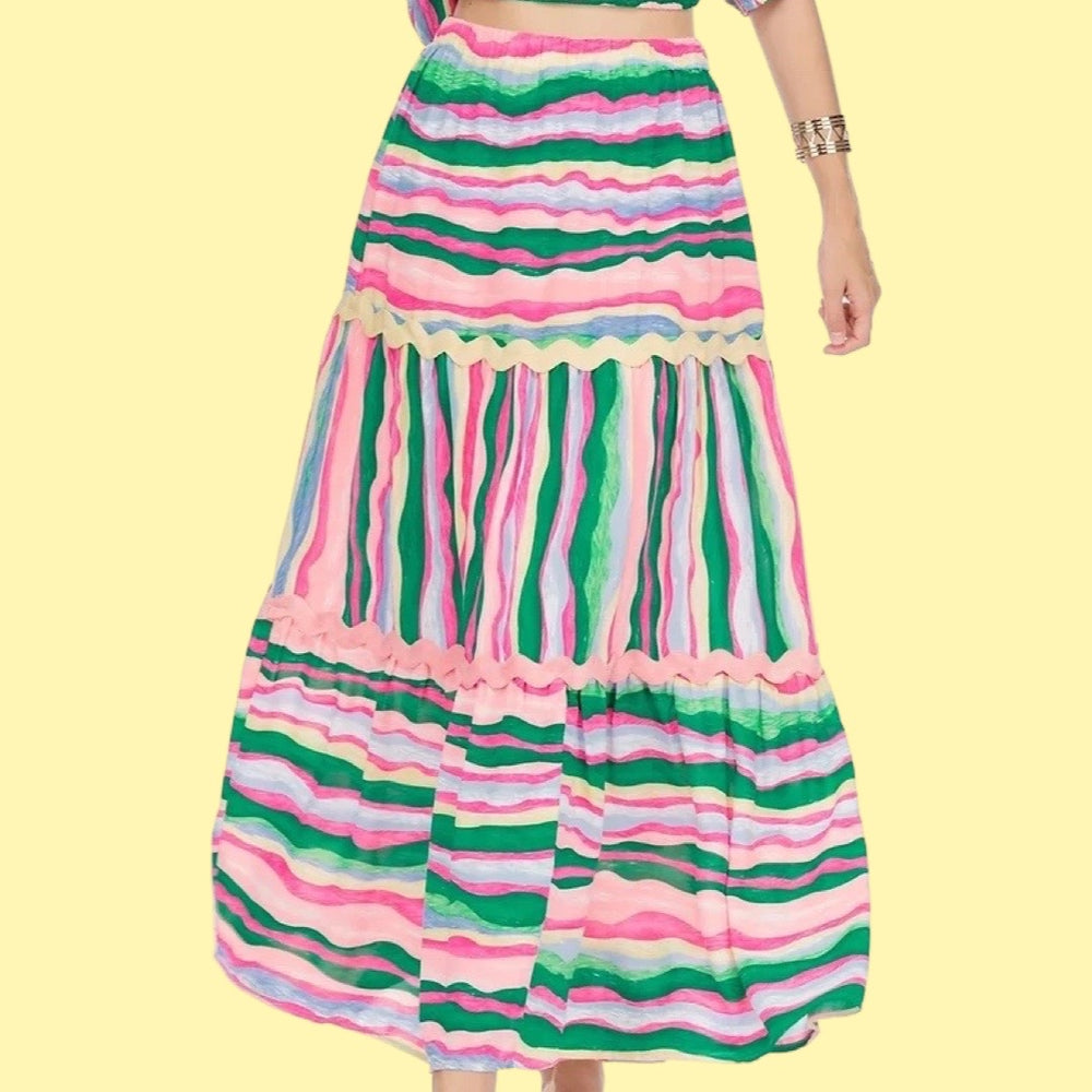 Rainbow Tiered Maxi Ric Rac Skirt