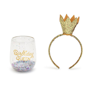 Birthday Queen Double Wall Glitter Stemless Wine Glass and Glitter Crown Headband