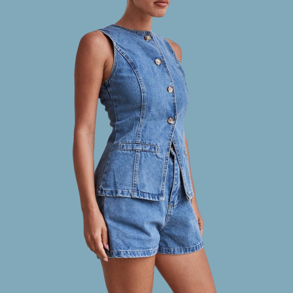 The Soleil Buttoned Denim Vest And Shorts Set