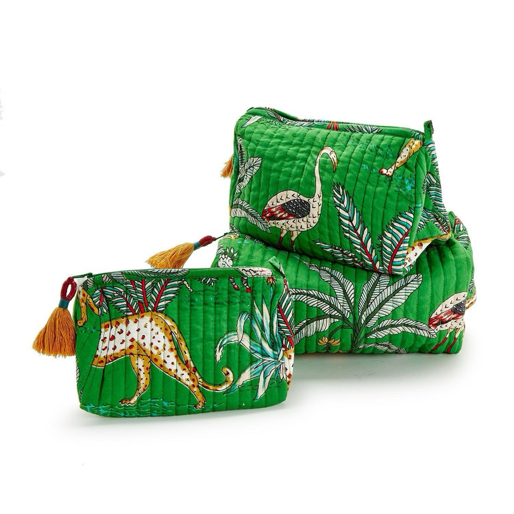 Happy Tropical Island Motif Hand Block Printed Cotton Quilted Cosmetic and Accessory Bag