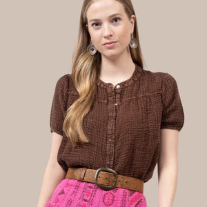 
            
                Load image into Gallery viewer, Brown Gauzee Snap Front Shirt
            
        