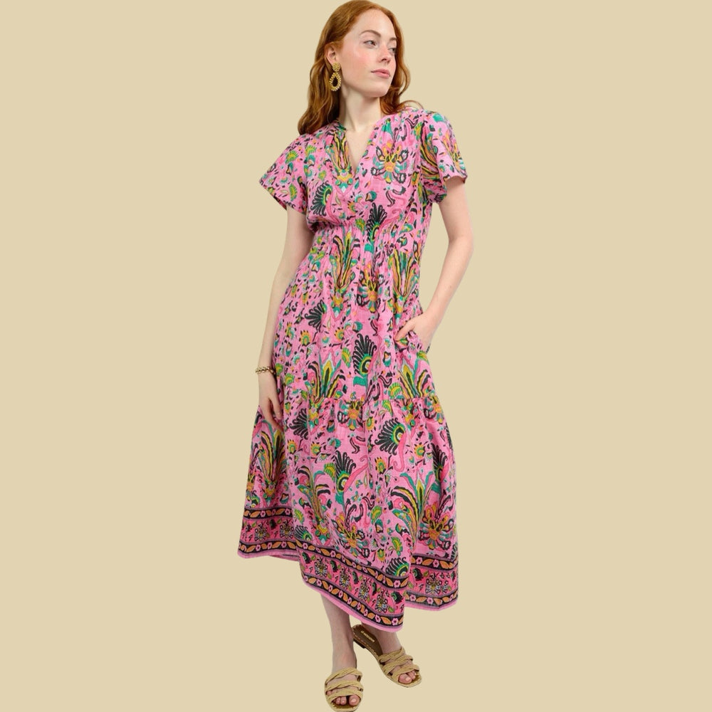 Pink Tropical Borders Midi Dress