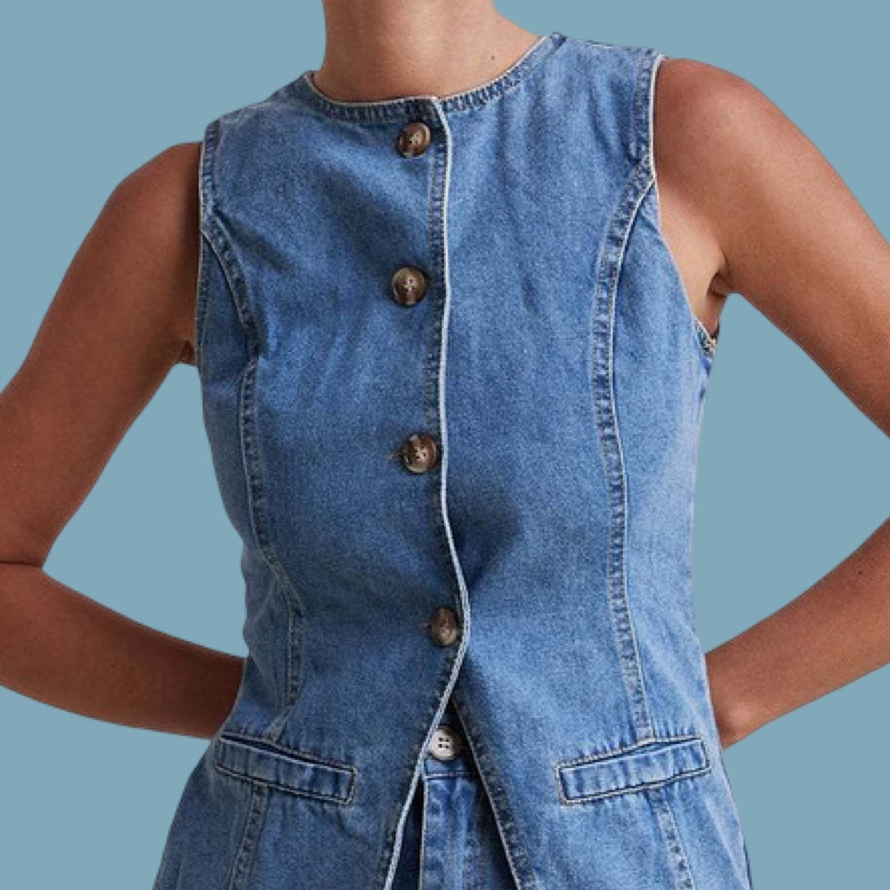 The Soleil Buttoned Denim Vest And Shorts Set