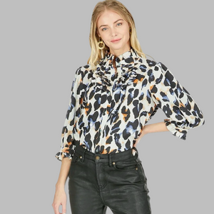 Blue Leopard Ruffle Button Front Blouse