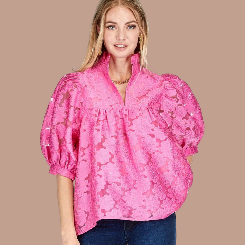 Fuchsia Floral Organza High Neck Top