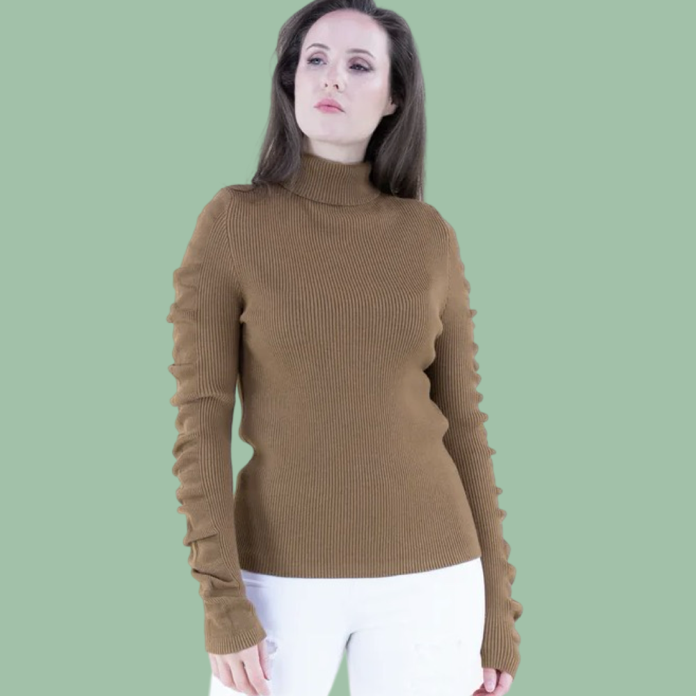 Wavy Sleeves Ribbed Turtleneck Sweater