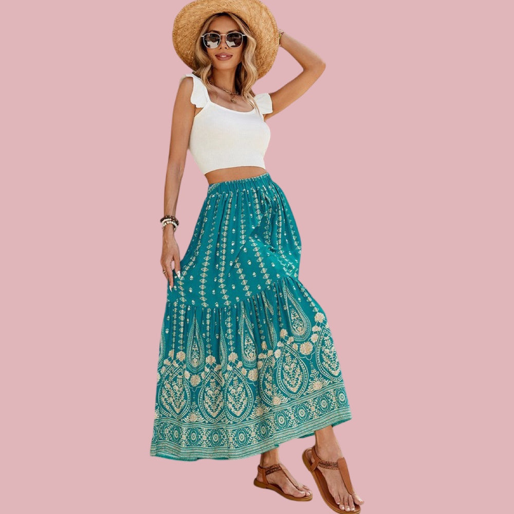The Tropical Teal Boho Paisley Tiered Skirt