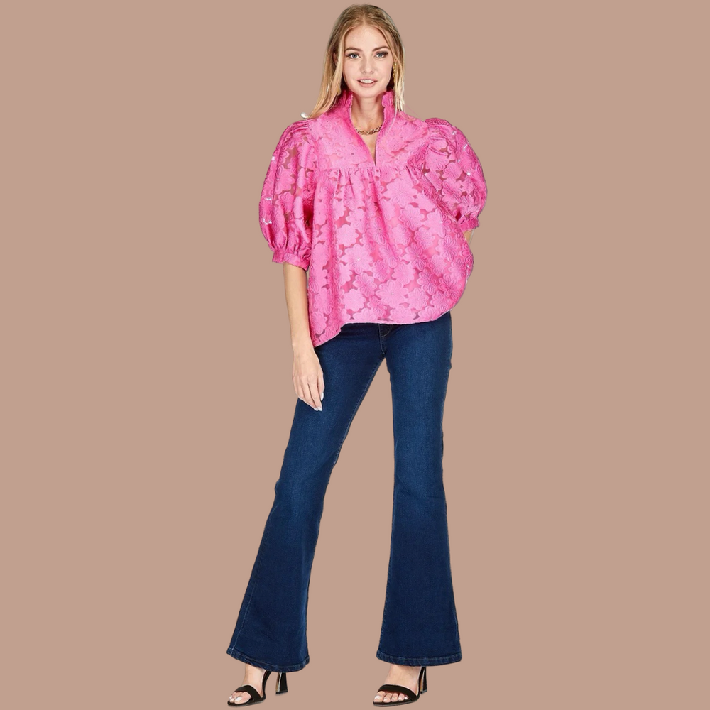 Fuchsia Floral Organza High Neck Top