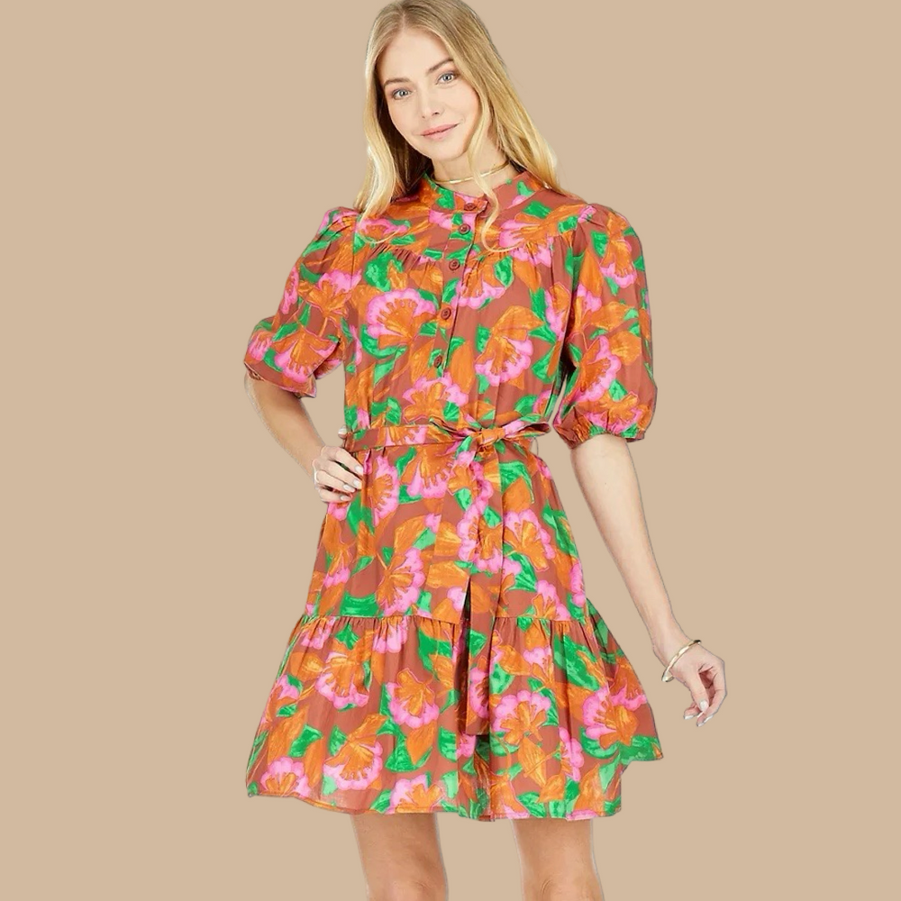 Rustic Floral Puff Sleeve Dress