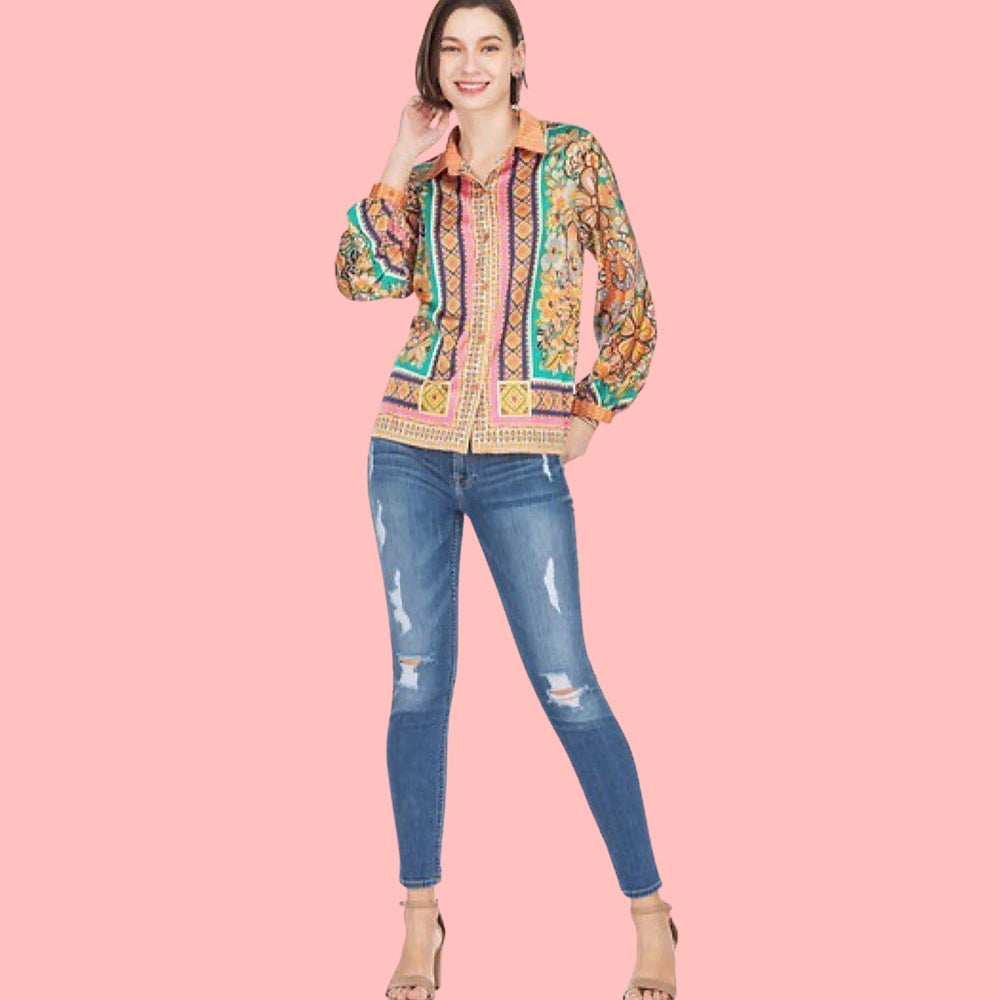 
            
                Load image into Gallery viewer, Scarf Print Button Blouse
            
        