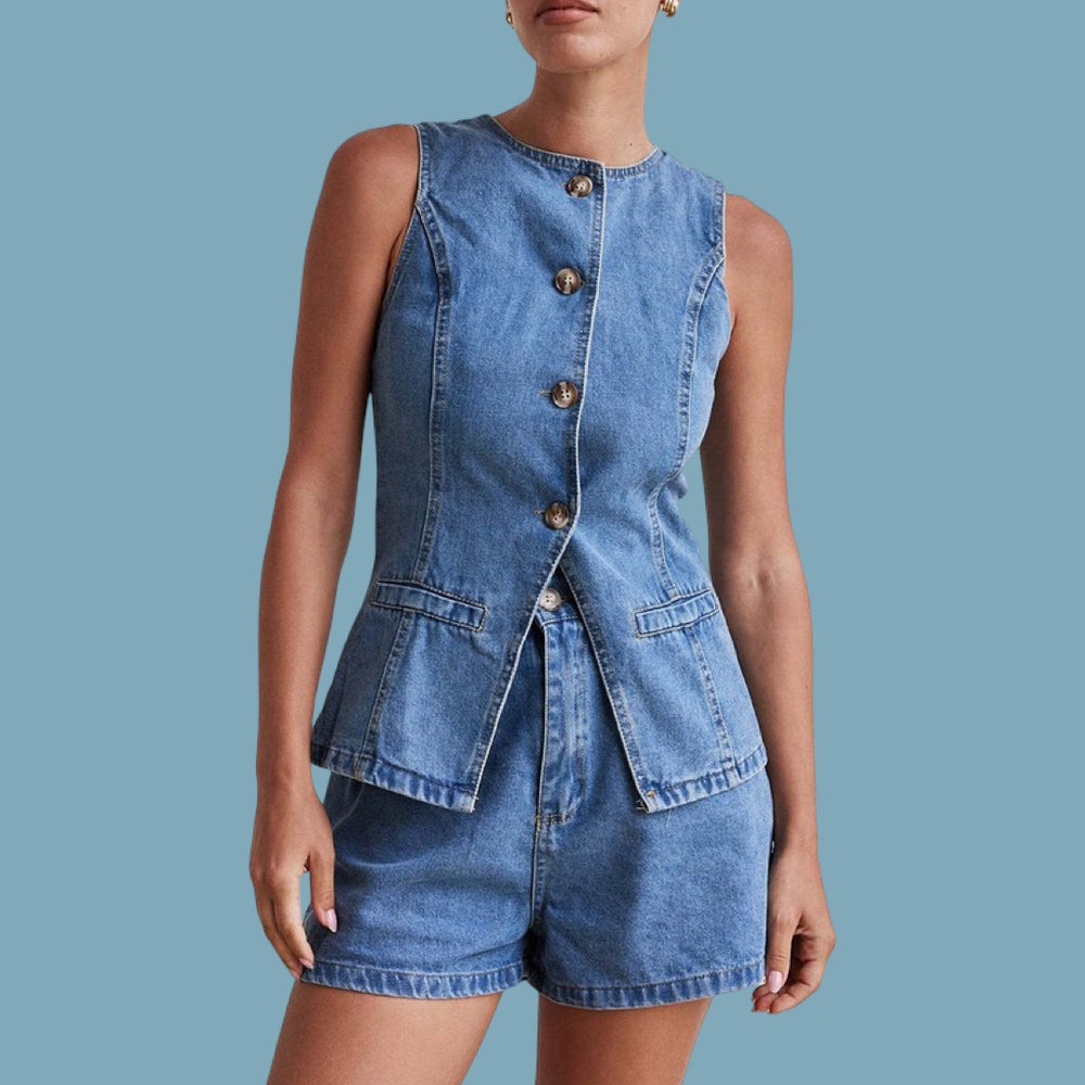 The Soleil Buttoned Denim Vest And Shorts Set
