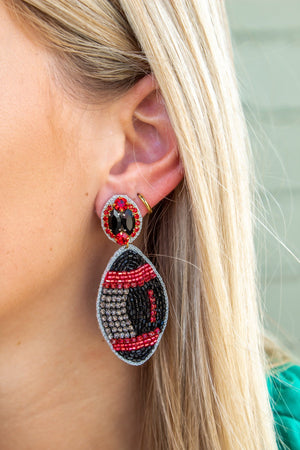 Beaded Black and Red Football Earrings