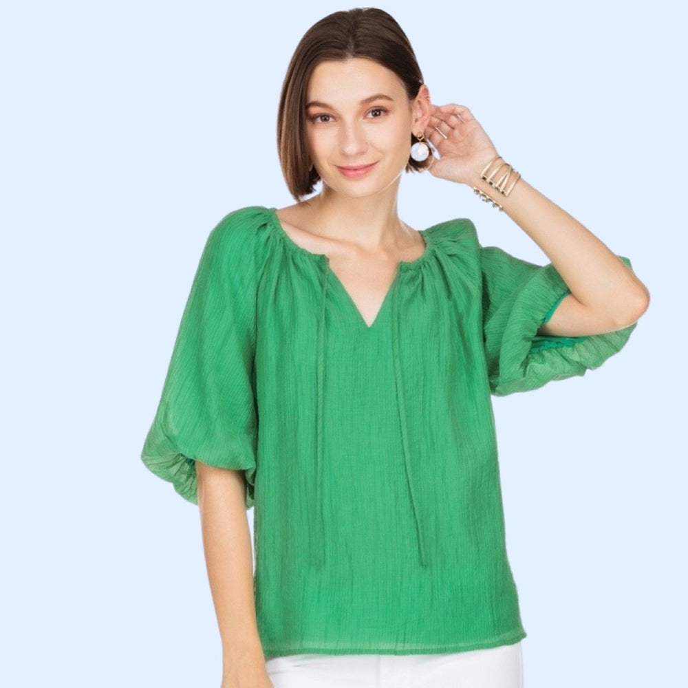 
            
                Load image into Gallery viewer, Green Puff Sleeve Peasant Top
            
        