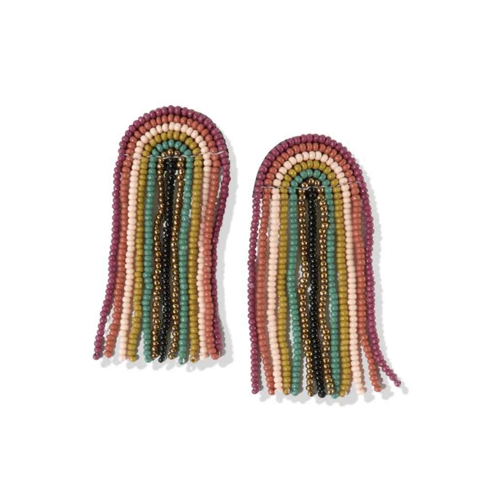 Muted Color Rainbow Fringe Seed Bead Earrings