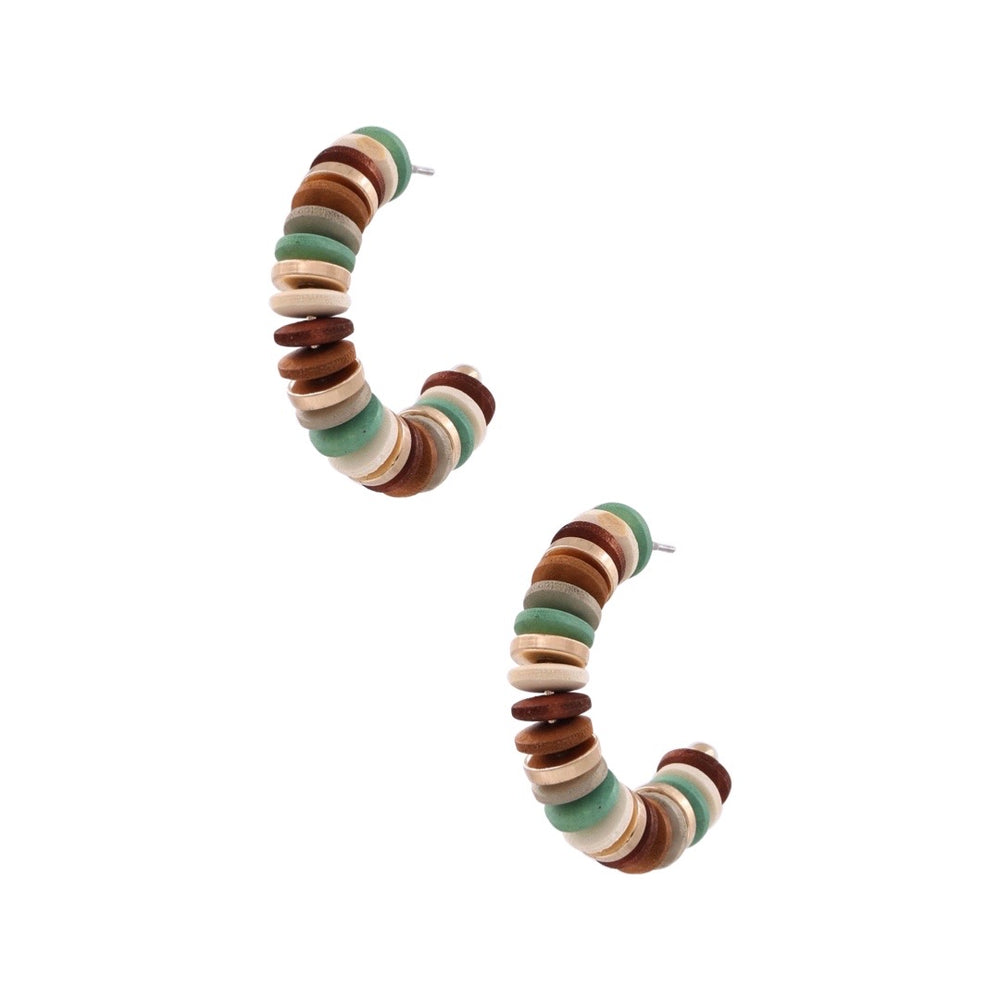 Wood bead Disc Open Hoop Earrings-Multi Mint