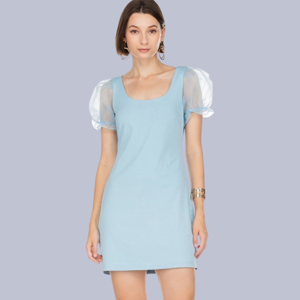 Blue Organza Puffy Sleeve Dress