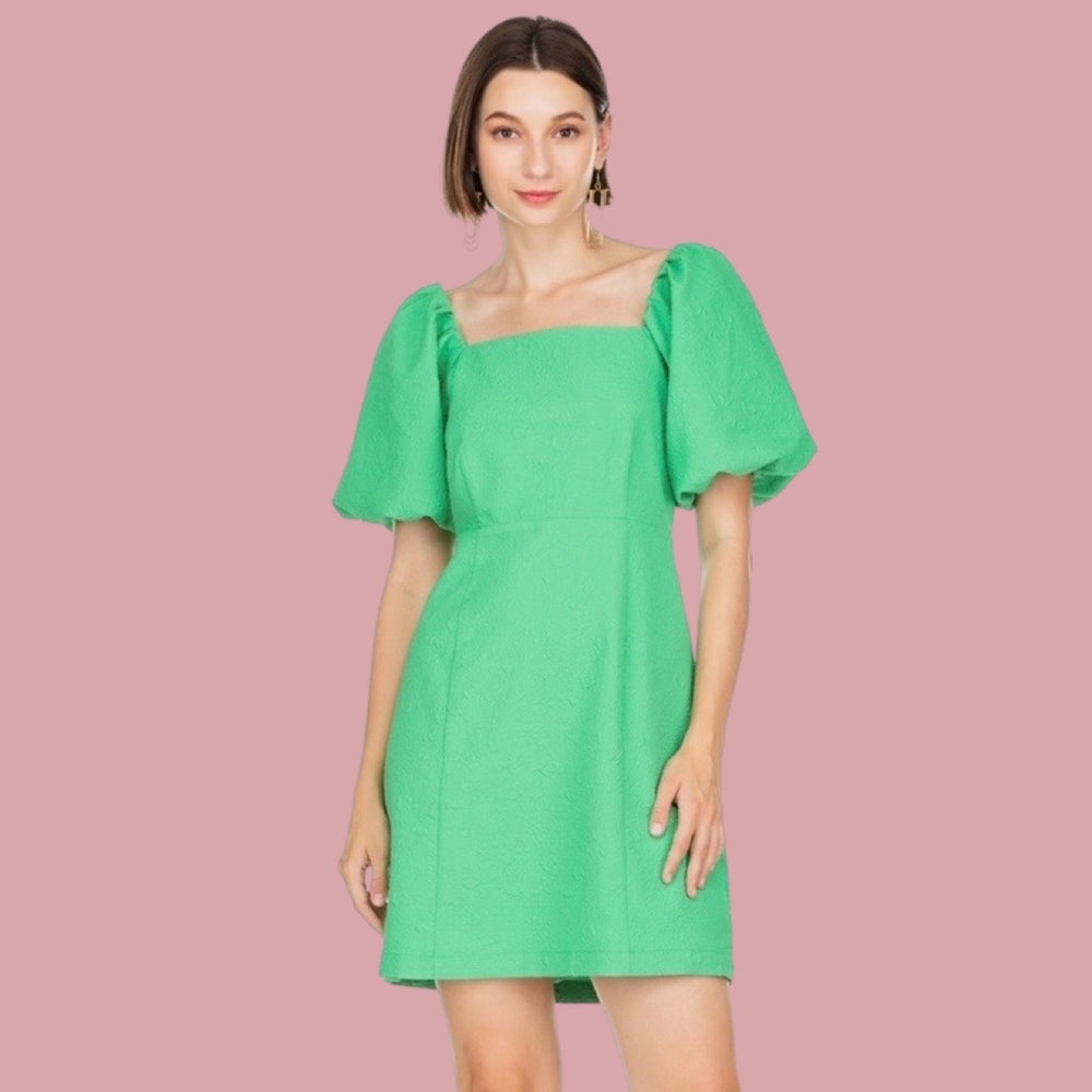 Green Balloon Sleeve Fitted Dress