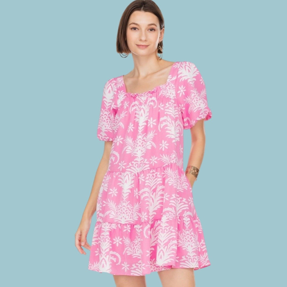 Pink Puffy Sleeve Tiered Dress
