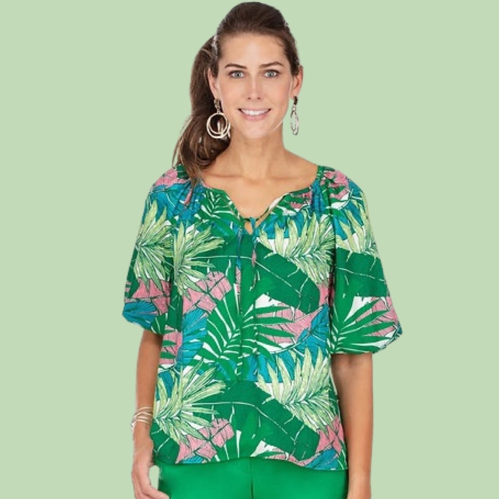 
            
                Load image into Gallery viewer, Green Palm Puff Sleeve Peasant Top
            
        