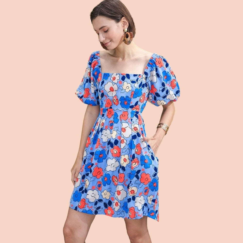 Blue Floral Babydoll Cutout Dress
