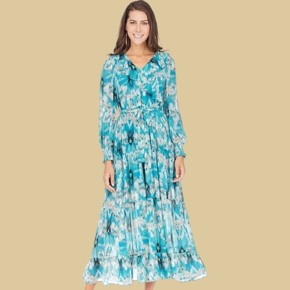 Peacock Feather V-Neck Ruffles Tiered Maxi