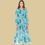 Peacock Feather V-Neck Ruffles Tiered Maxi