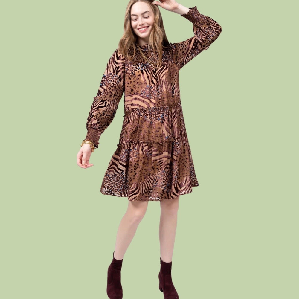 Brown Leopard Burn Out Tiered Dress